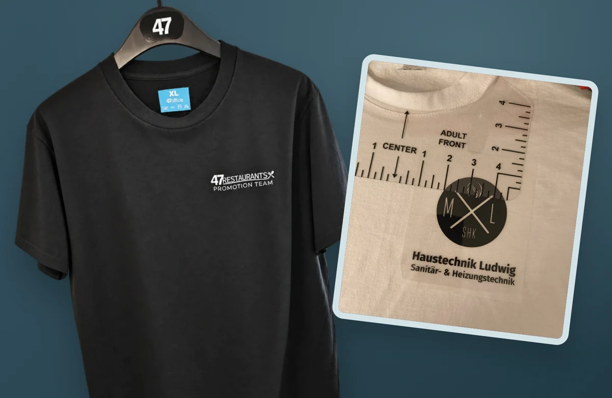 Textildruck-Beispiele: schwarzes Shirt mit Brustlogo und weißes Textil mit Firmenmotiv
